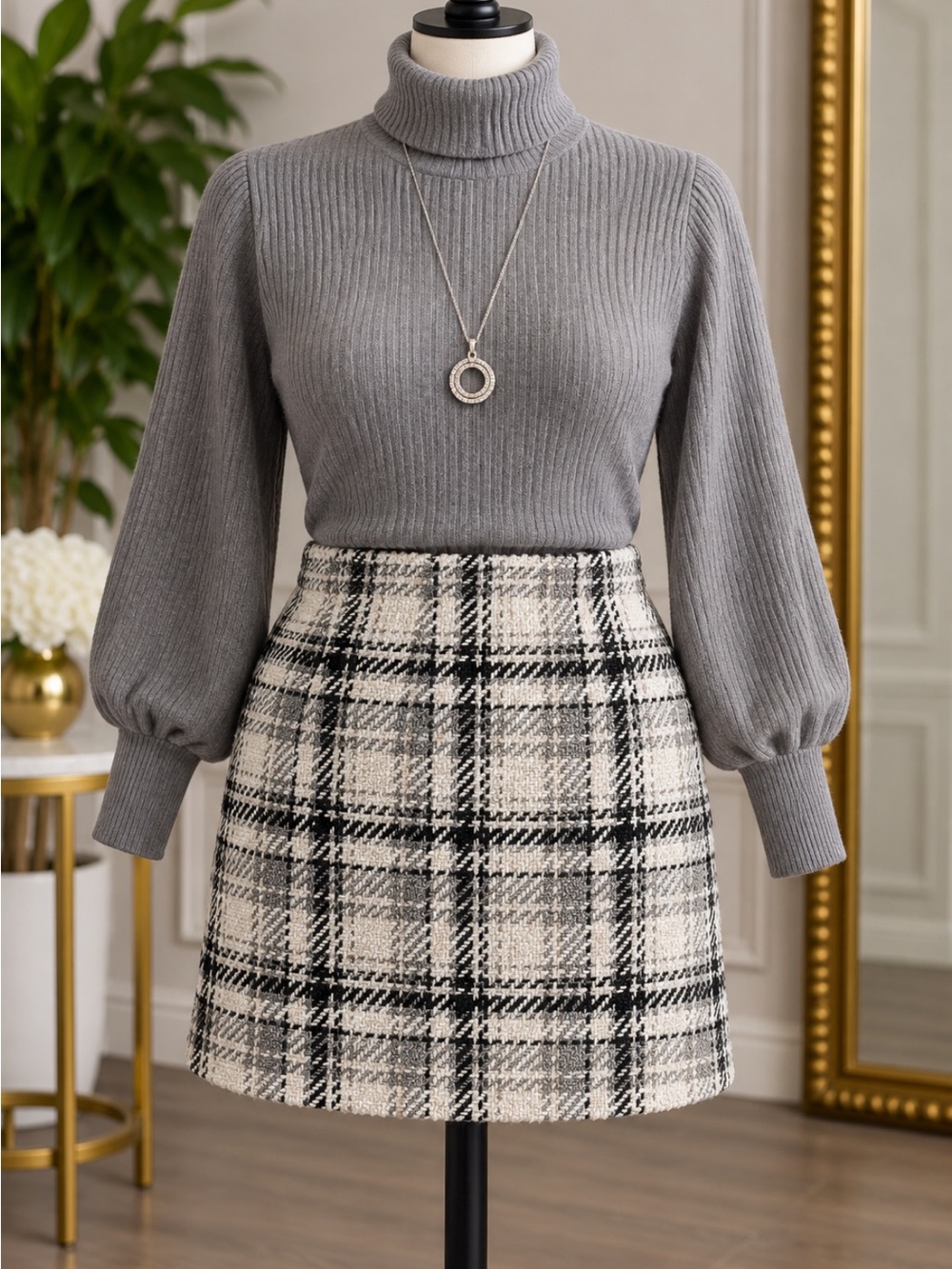 LOFT Black and Cream Plaid Mini Skirt